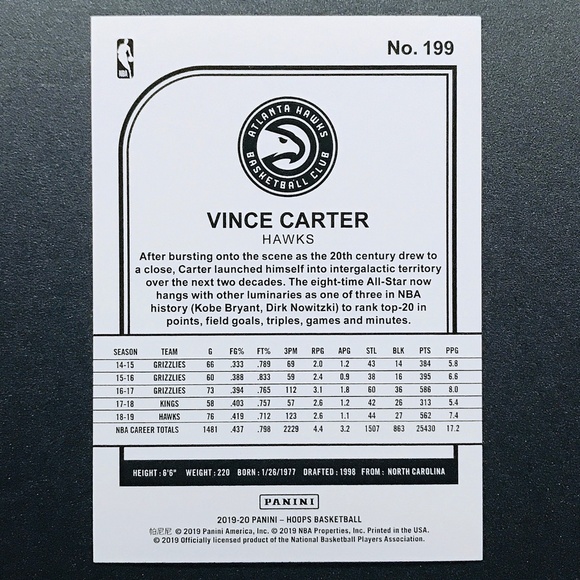 Vince Carter - 2019-20 Hoops #199 - Picture 2 of 2